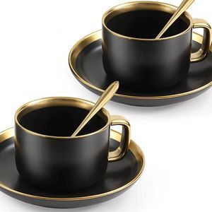 Matte Black Gold Rim Coffee or Tea and Spoon Set